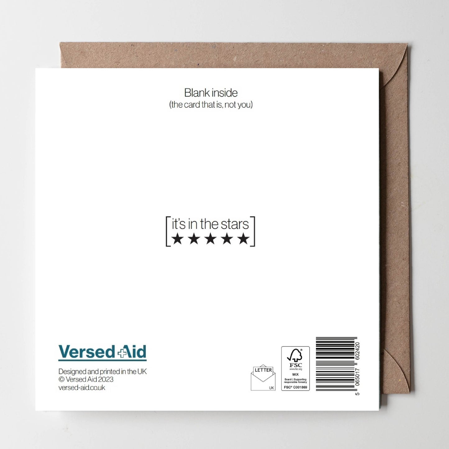 Reverse of card is printed with the FSC-certified logo and card publisher details. It also cheekily states "Blank inside (the card that is, not you)"