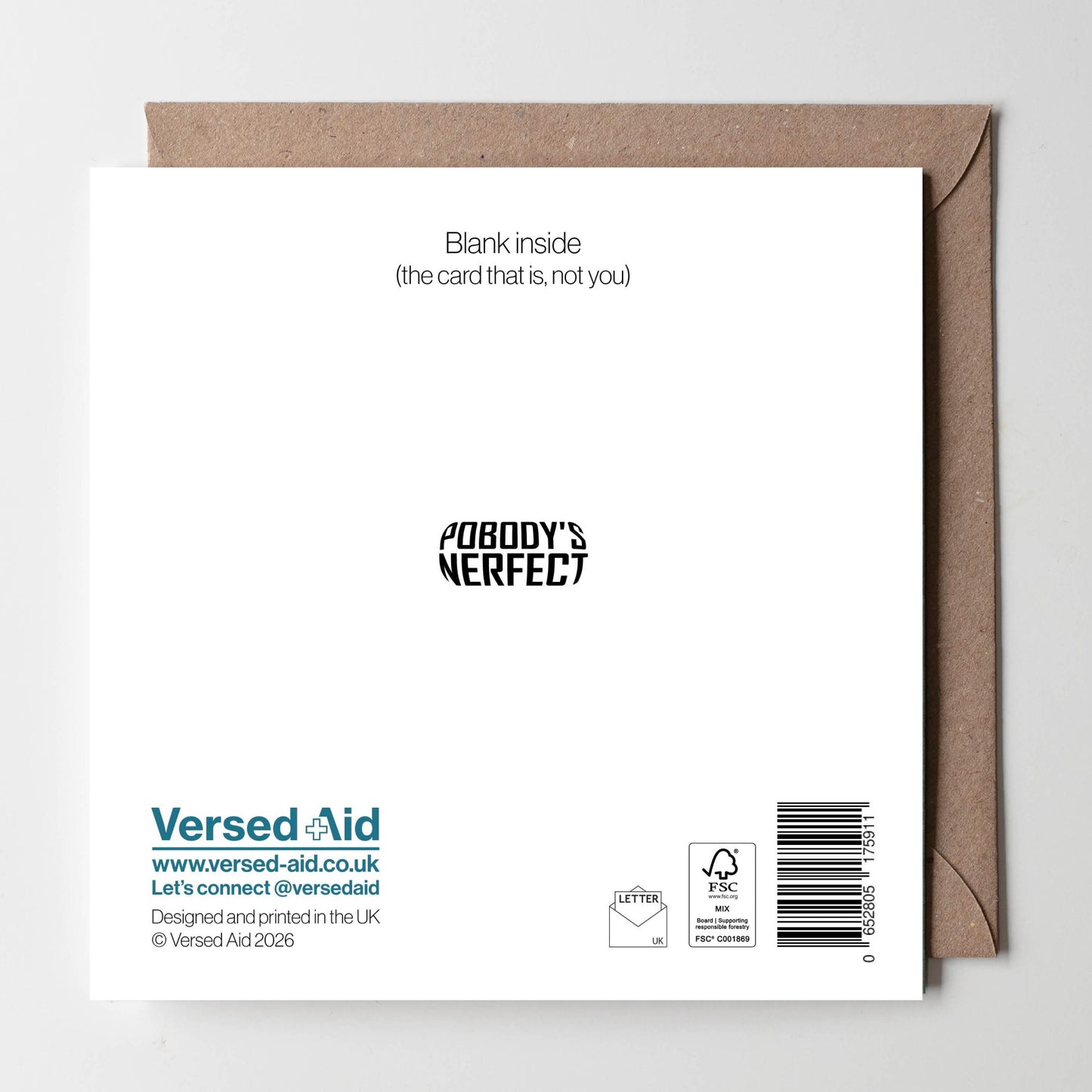 Reverse of card with product details including Versed Aid branding. It also cheekily states "Blank inside (the card that is, not you)"