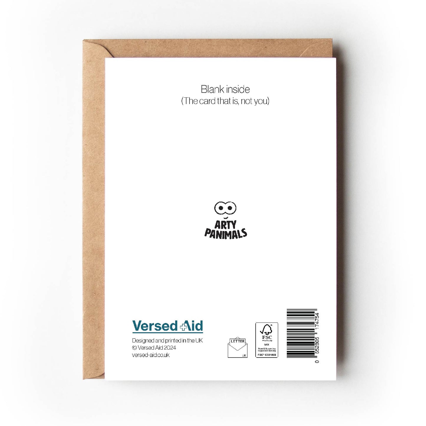 Reverse of card is printed with FSC logo and Versed Aid website www.versed-aid.co.uk It cheekily also says Blank inside (the card that is, not you).