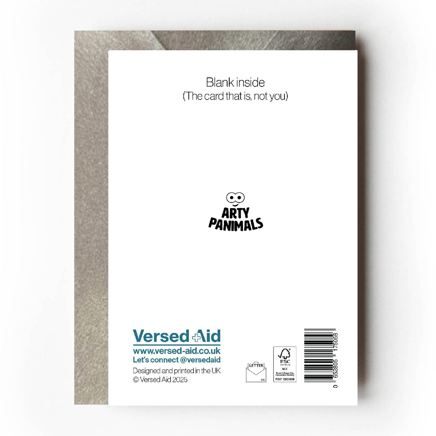 Back of a greeting card with 'Versed Aid' branding and product details on a white background