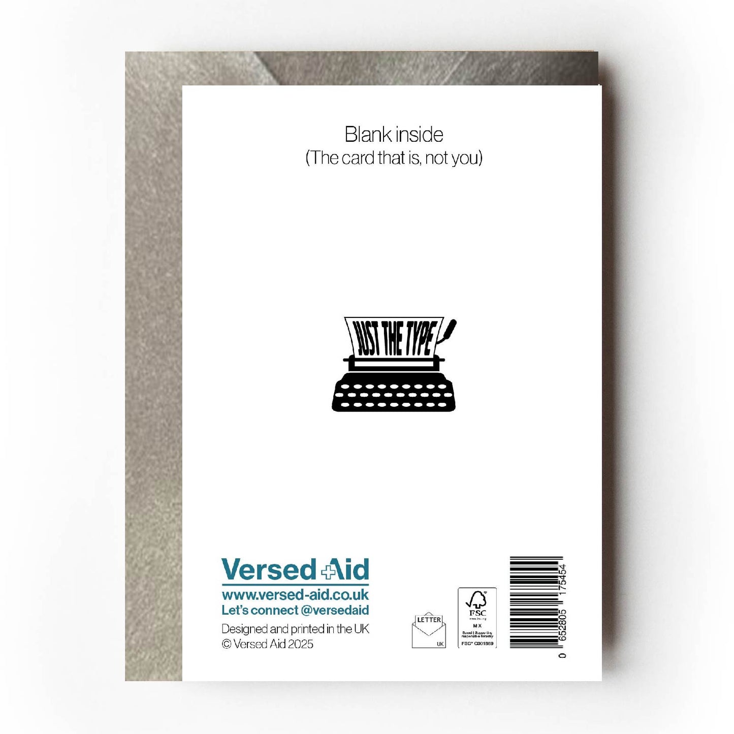 Back of card is printed with FSC-certified logo along with Versed Aid contact details. It also cheekily states "Blank inside (the card that is, not you)"