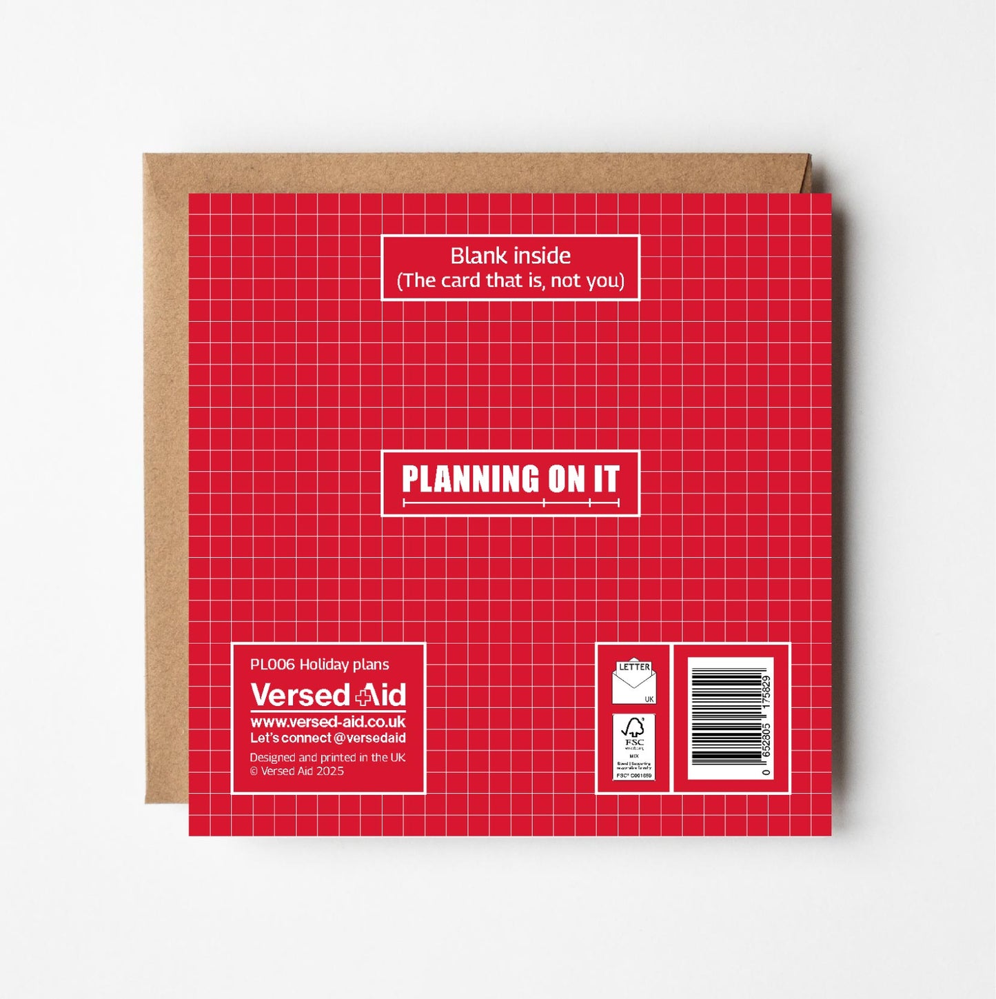 Reverse of Blueprint Christmas Pudding card showing Versed Aid branding and product details from the Planning On It range.