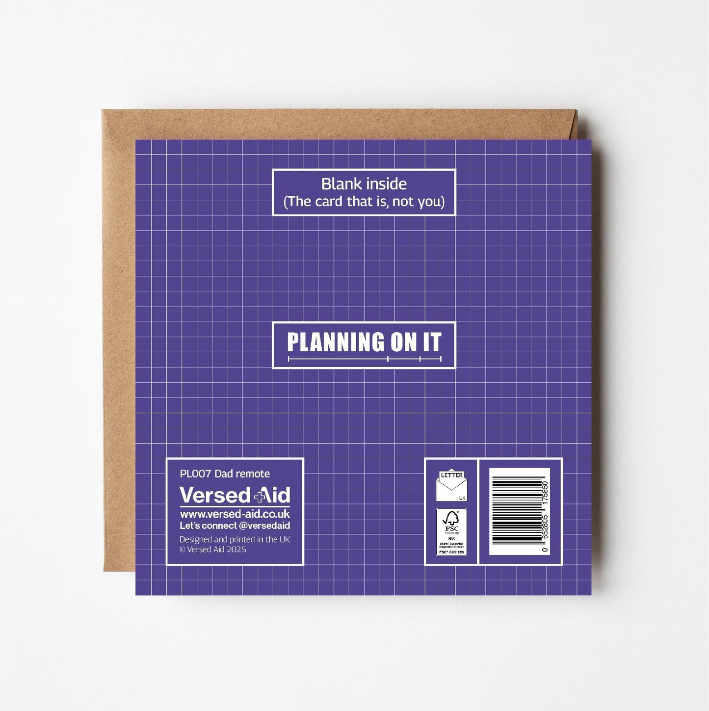 Reverse of a greeting card, grid patterned, with Versed Aid branding and product details