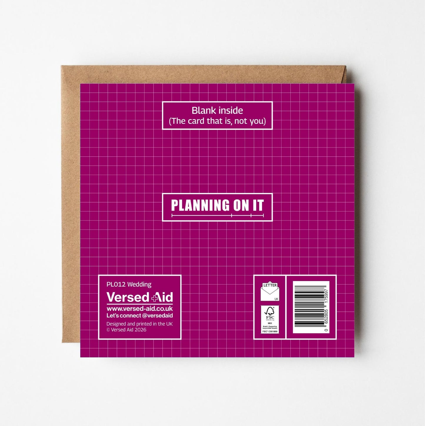 Back of Wedding Blueprint Card showing Versed Aid branding and Planning On It range name, with cheeky "Blank inside (the card that is, not you)" message