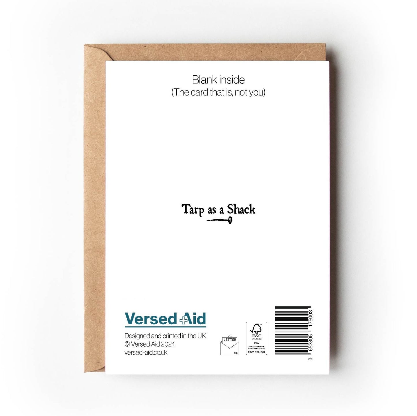 Reverse of card which is printed with FSC logo and Versed Aid's website www.versed-aid.co.uk
Card also cheekily states: Blank inside (The card that is, not you)