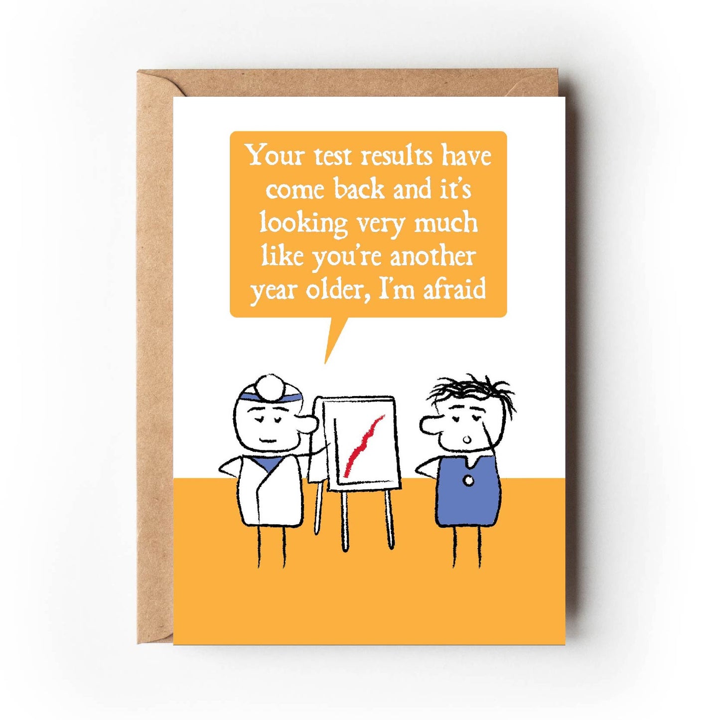 Cartoon doctor and patient stand next next to chart with sharp red upward line. The doctor says "Your test results have come back and it's looking very much like you're another year older, I'm afraid." Card is yellow, blue and white.