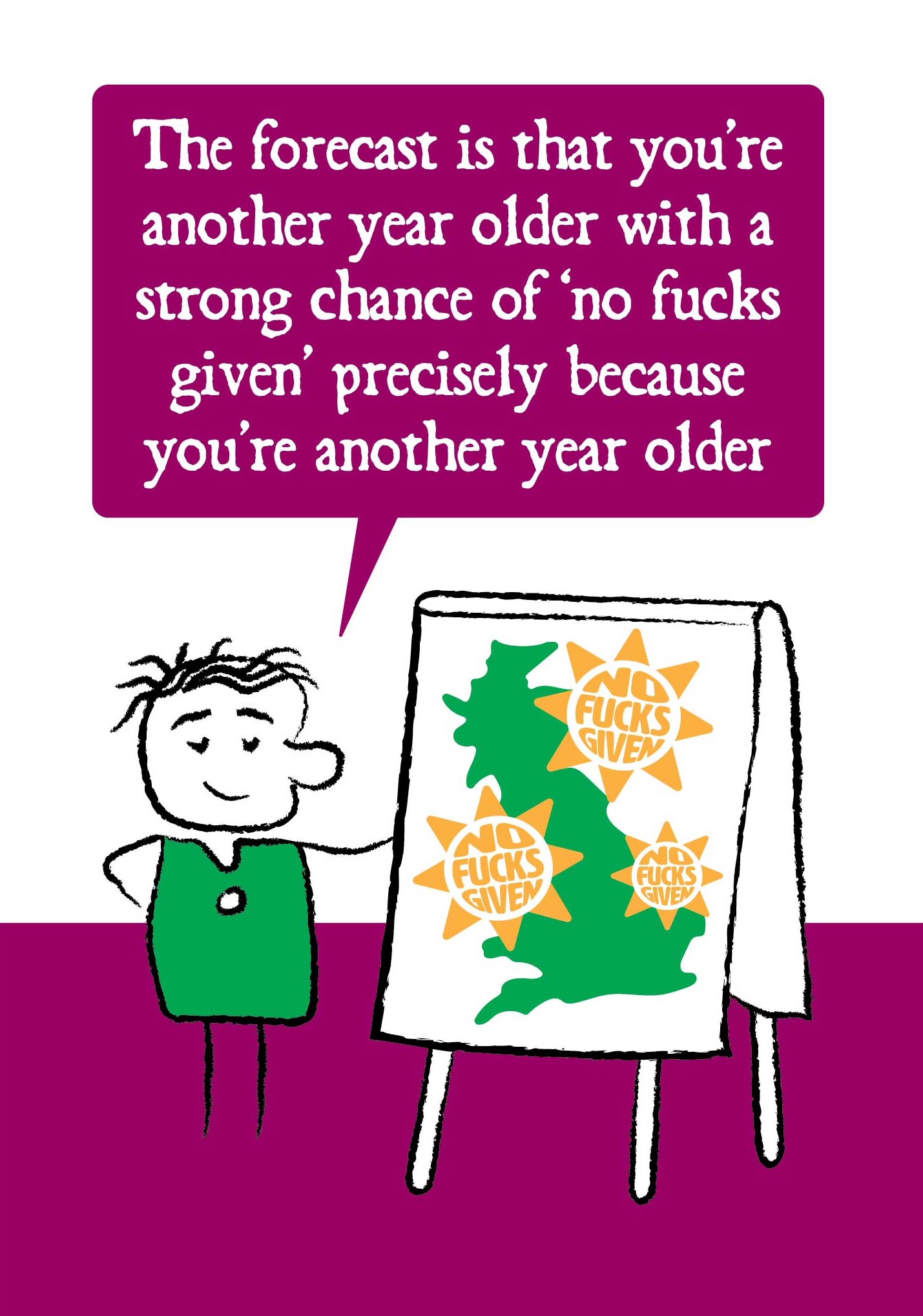 Cartoon character stands next to weather map adorned with sun symbols saying 'No fucks given' The weather forecaster says "The forecast is that you're another year older with a strong chance of 'no fucks given' precisely because you're another year older" Card is burgundy, green and white.