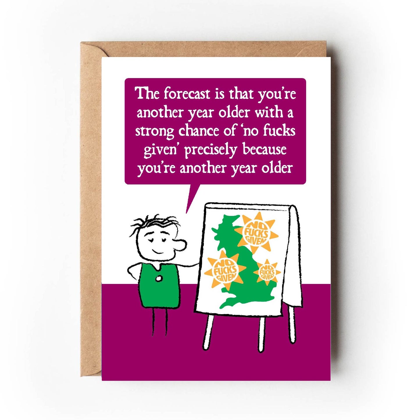 Cartoon character stands next to weather map adorned with sun symbols saying 'No fucks given' The weather forecaster says "The forecast is that you're another year older with a strong chance of 'no fucks given' precisely because you're another year older" Card is burgundy, green and white.