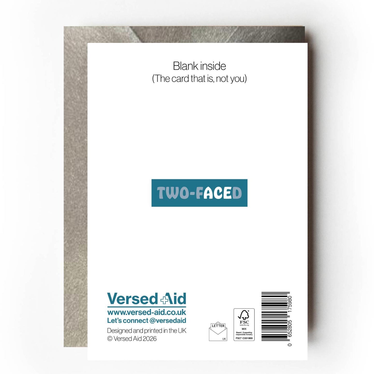 Reverse of greeting card with product details including Versed Aid branding.