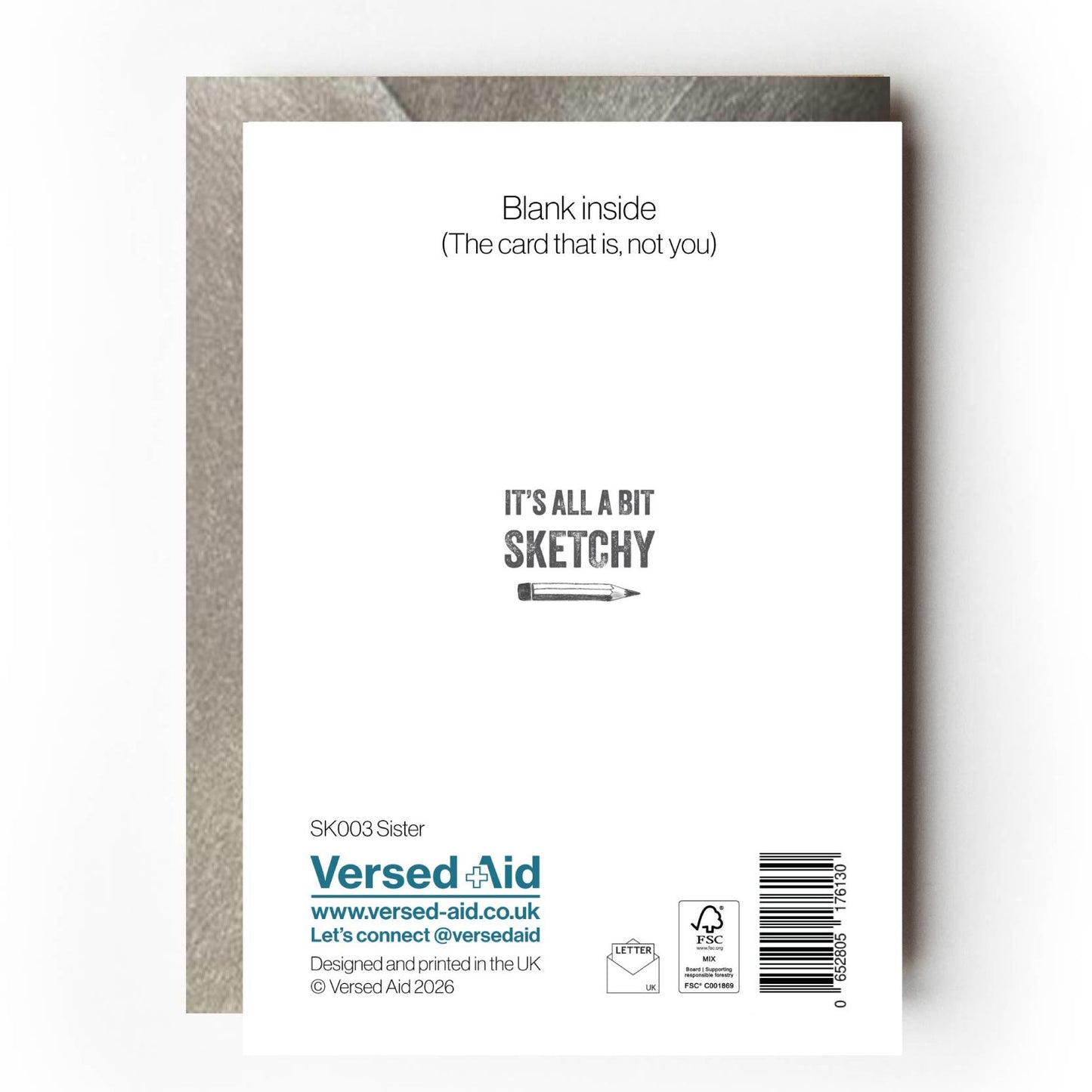 Back of card showing Versed Aid branding and card details including 'If Walls Could Talk' range name. It also cheekily states "Blank inside (the card that is, not you)"
