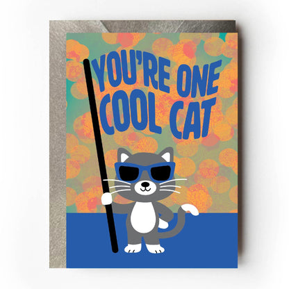 Greeting card with cartoon cat illustration and 'You're one cool cat' text on a colourful background