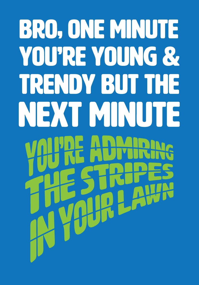 Funny birthday card for brother — bold blue design with lawn stripes ageing joke for gardening enthusiasts
