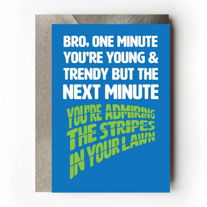 Funny brother birthday card with kraft envelope — lawn stripes getting older humour for gardening brothers