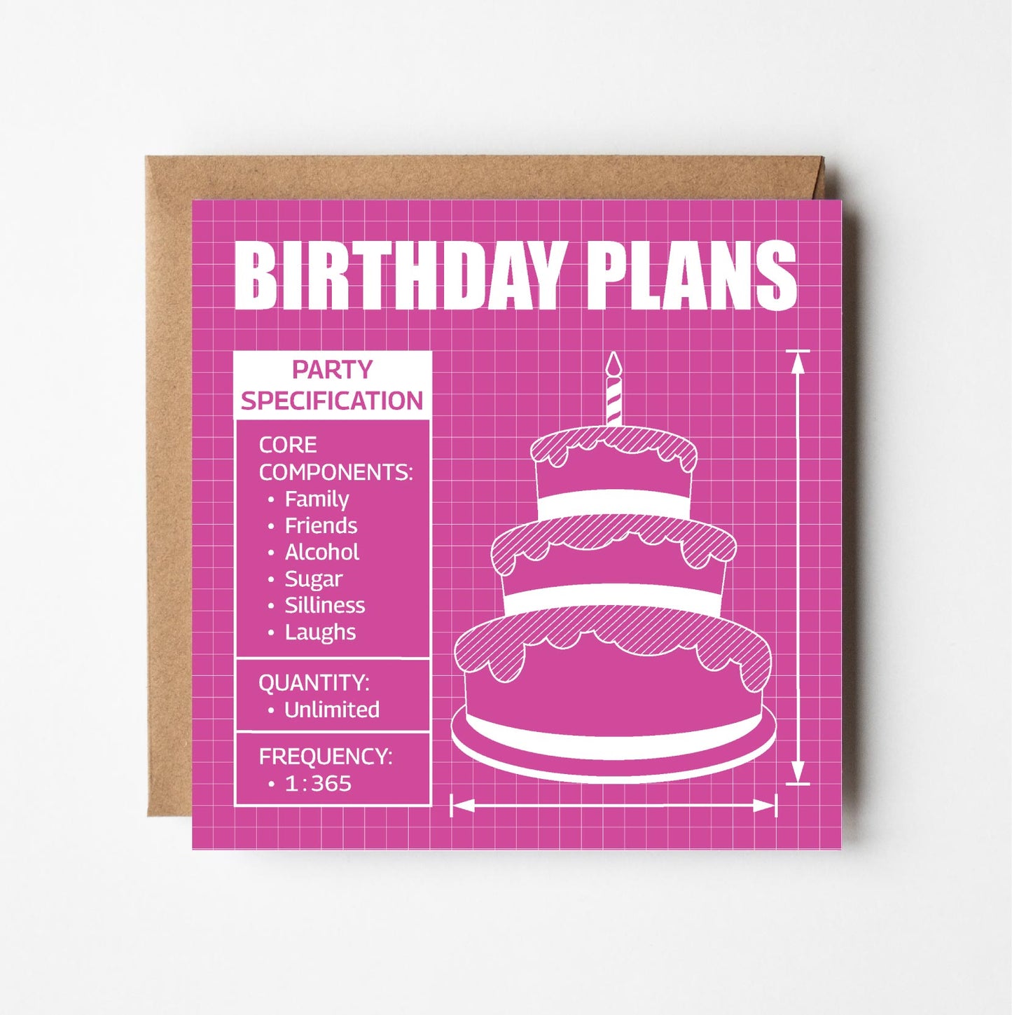 Greeting card with birthday cake illustration and text on pink grid background