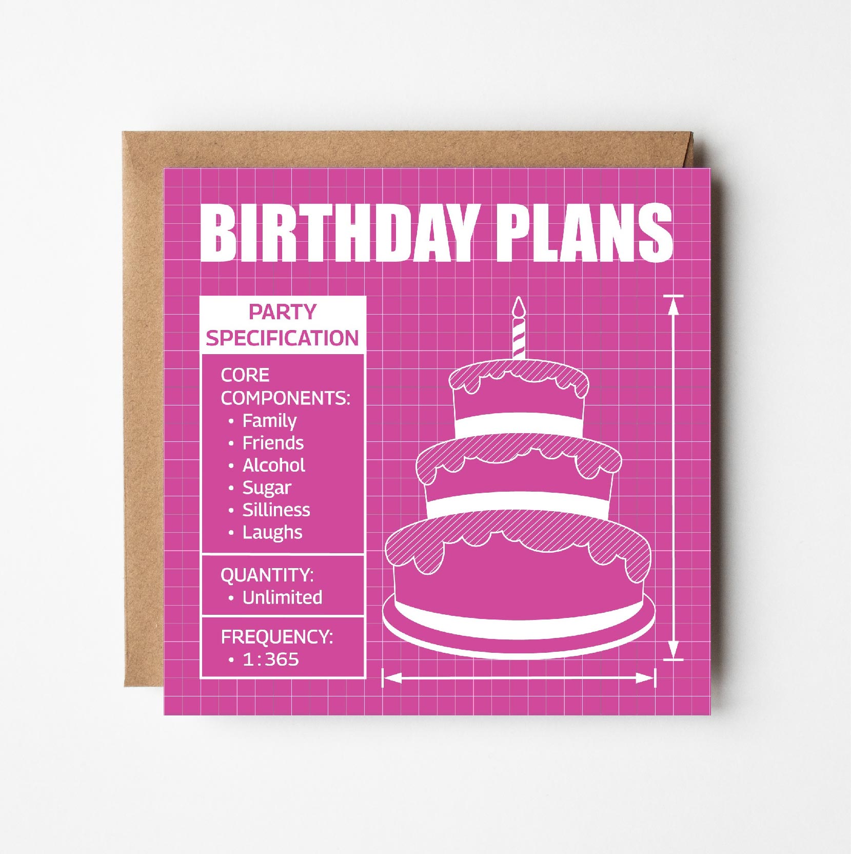 Greeting card with birthday cake illustration and text in style of blueprint plans on a pink background.
