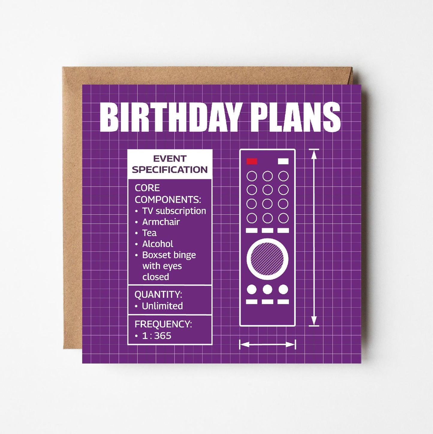 Greeting card with remote control illustration and text in style of blueprint plans on a purple background.