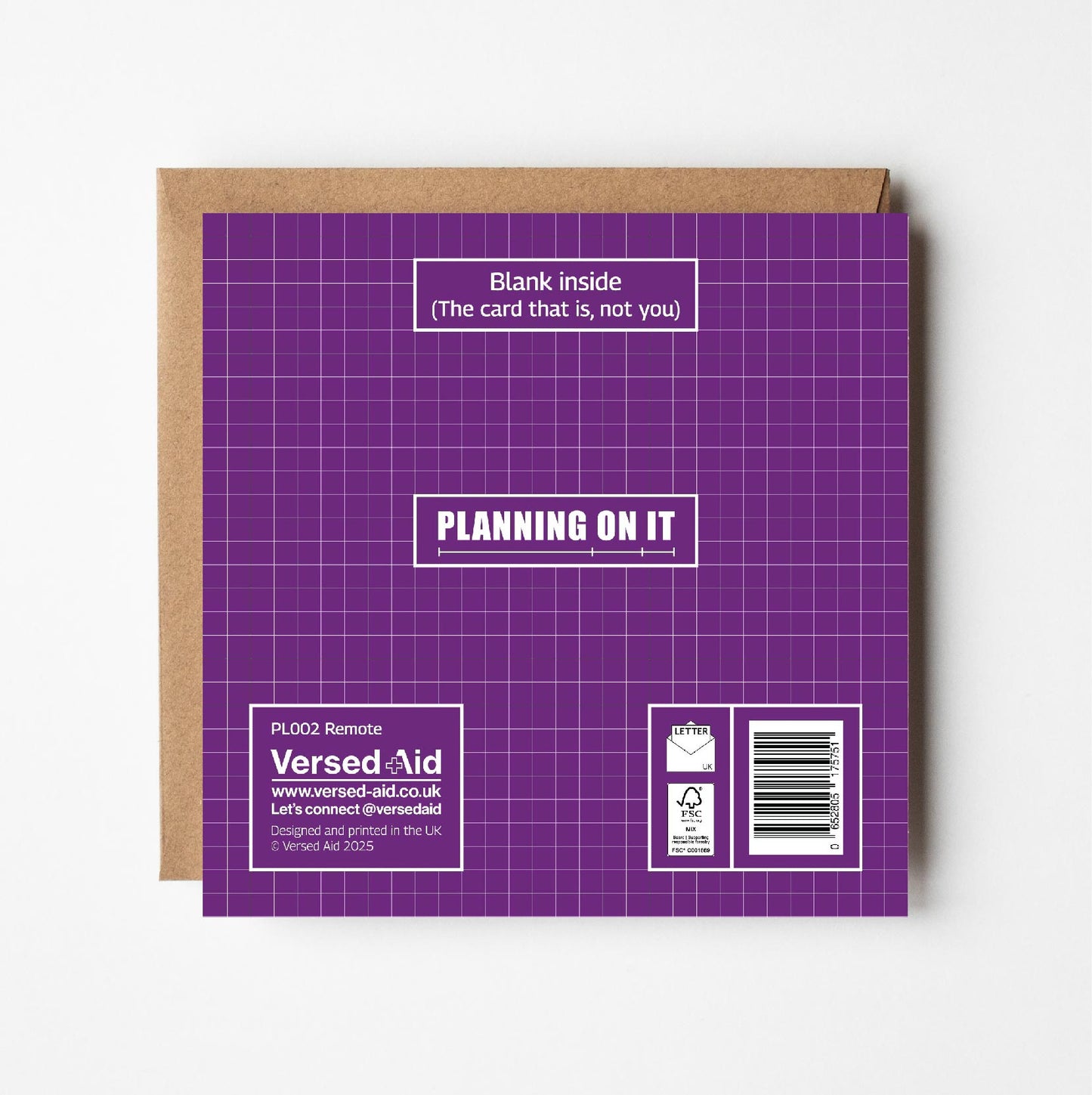 Reverse side of purple grid-patterned card with text and Versed Aid branding and product details
