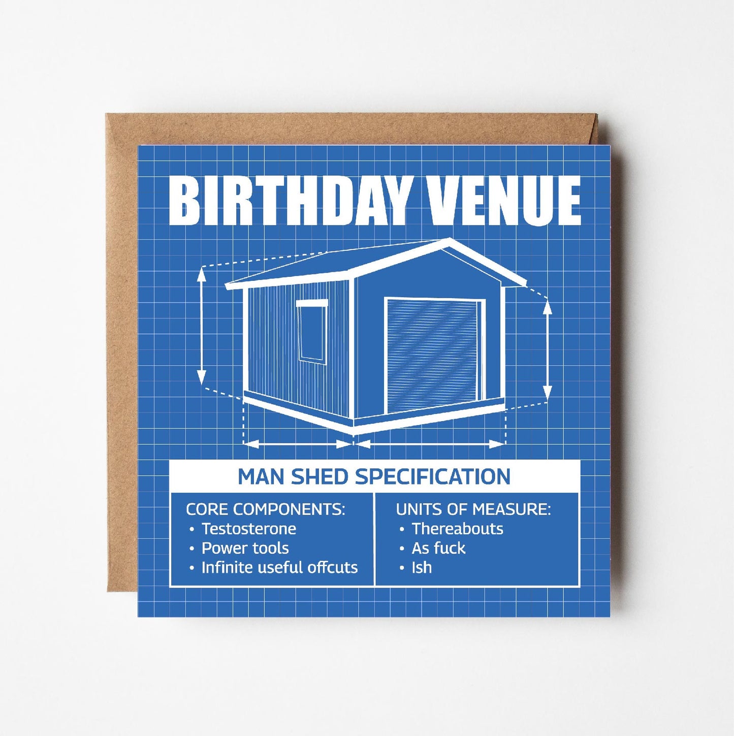 Birthday card with man shed illustration in style of blueprint technical drawing