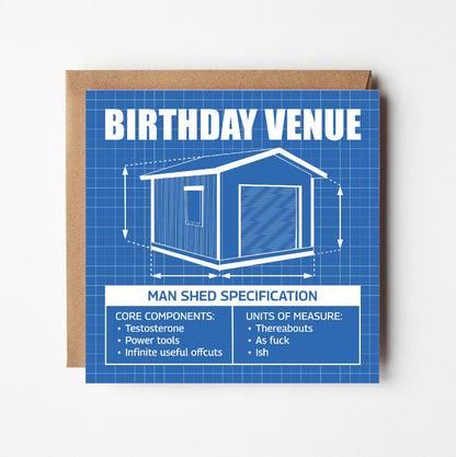 Birthday card with man shed illustration in style of blueprint technical drawing