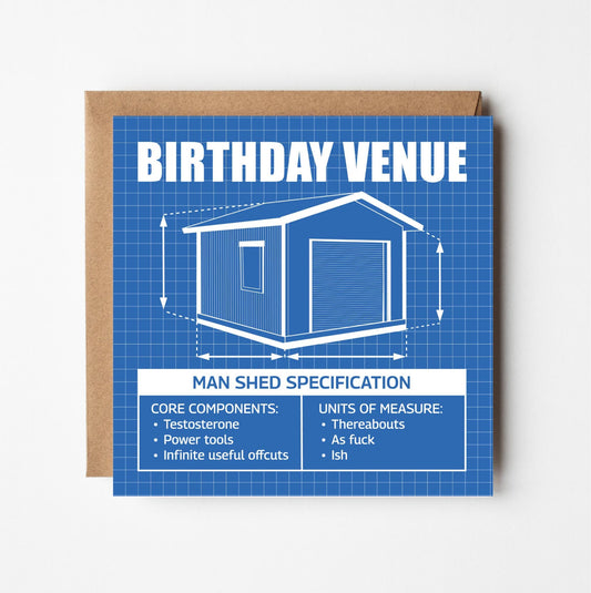 Birthday card with man shed illustration in style of blueprint technical drawing