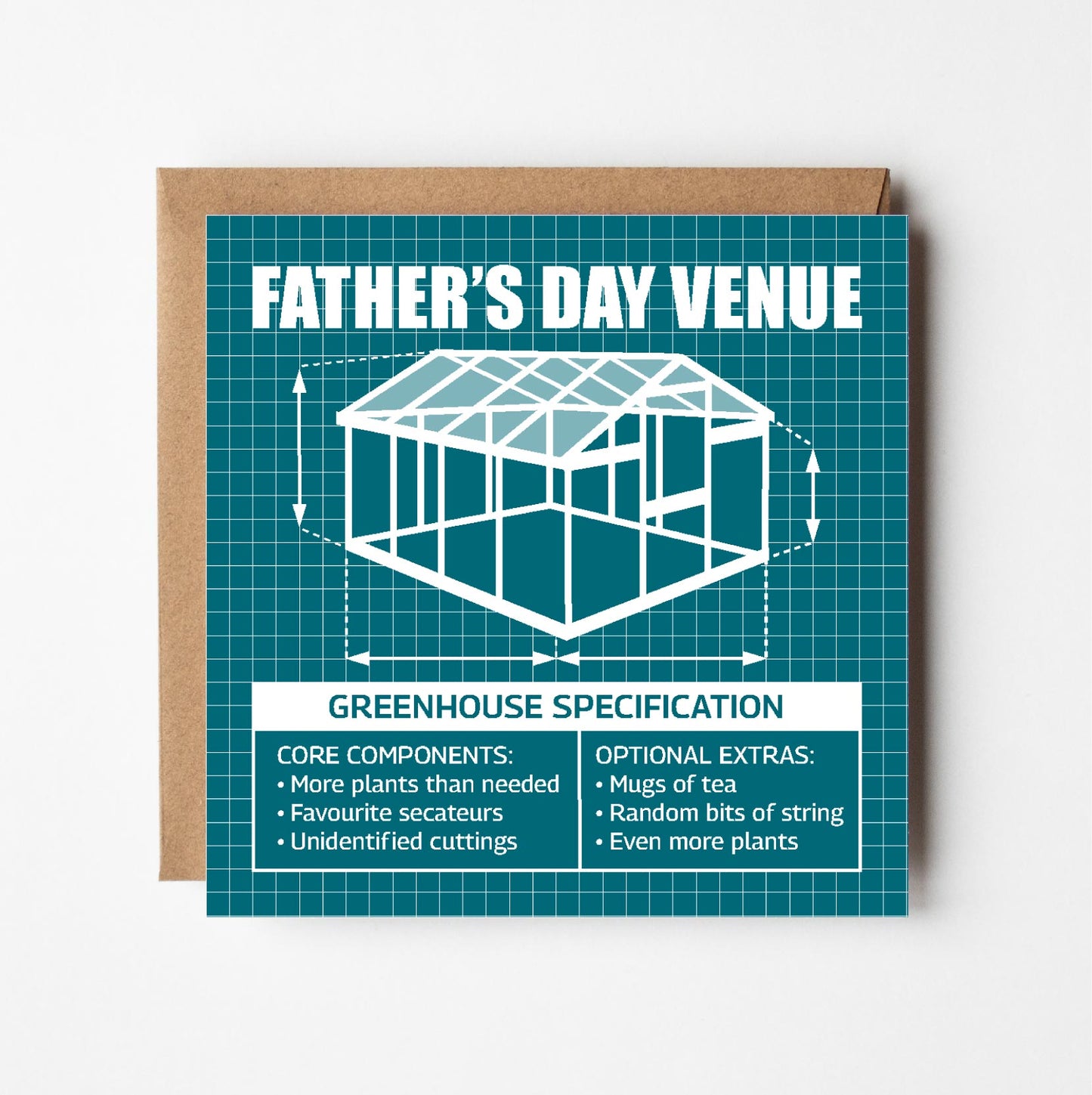Father's Day card with greenhouse design and text in style of blueprint plans on a teal background