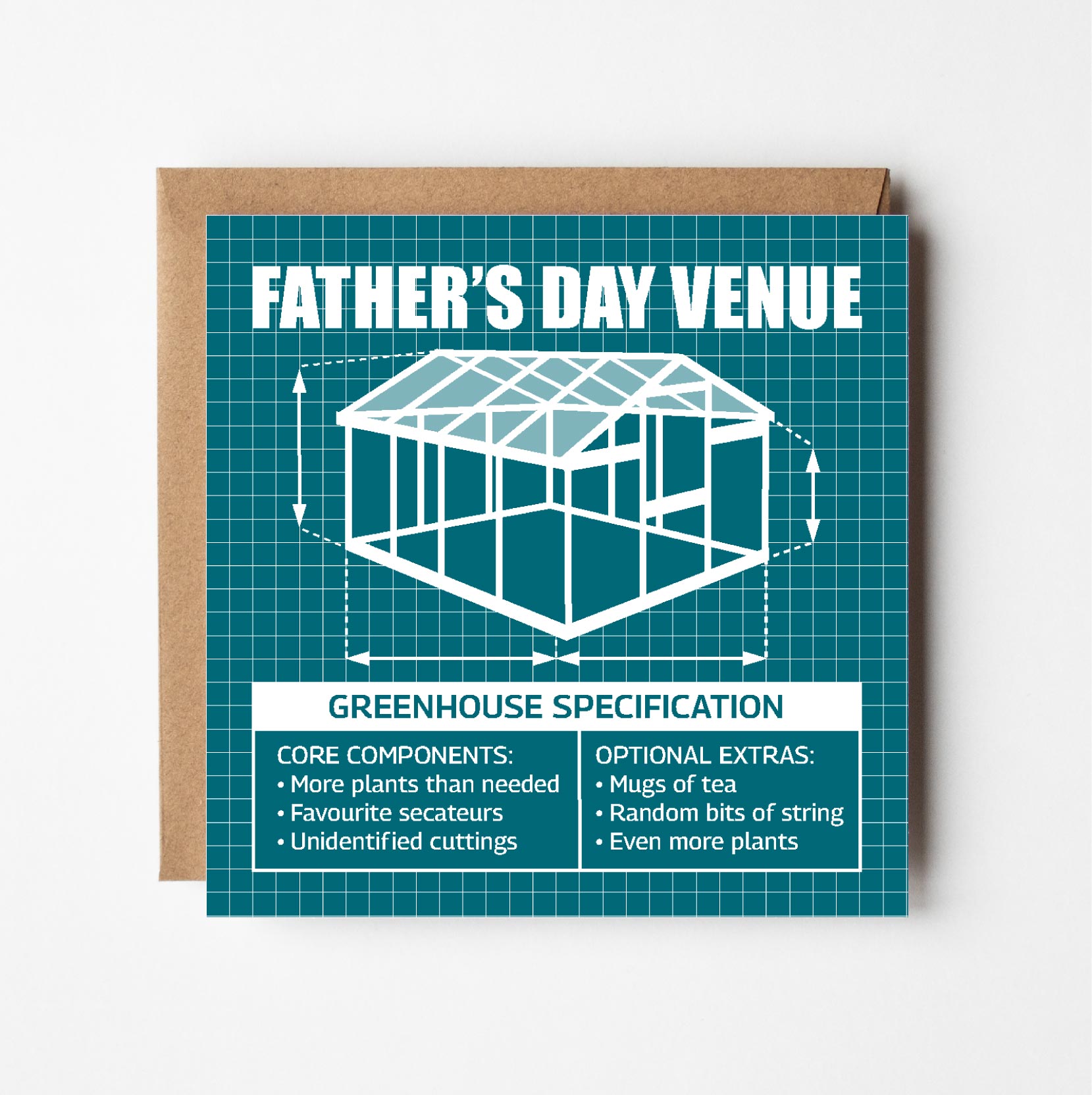 Father's Day card with greenhouse design and text in style of blueprint plans on a teal background