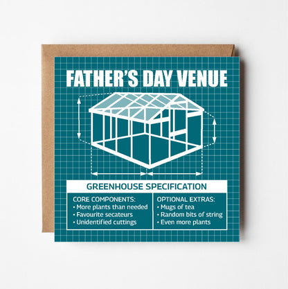 Father's Day card with greenhouse design and text in style of blueprint plans on a teal background