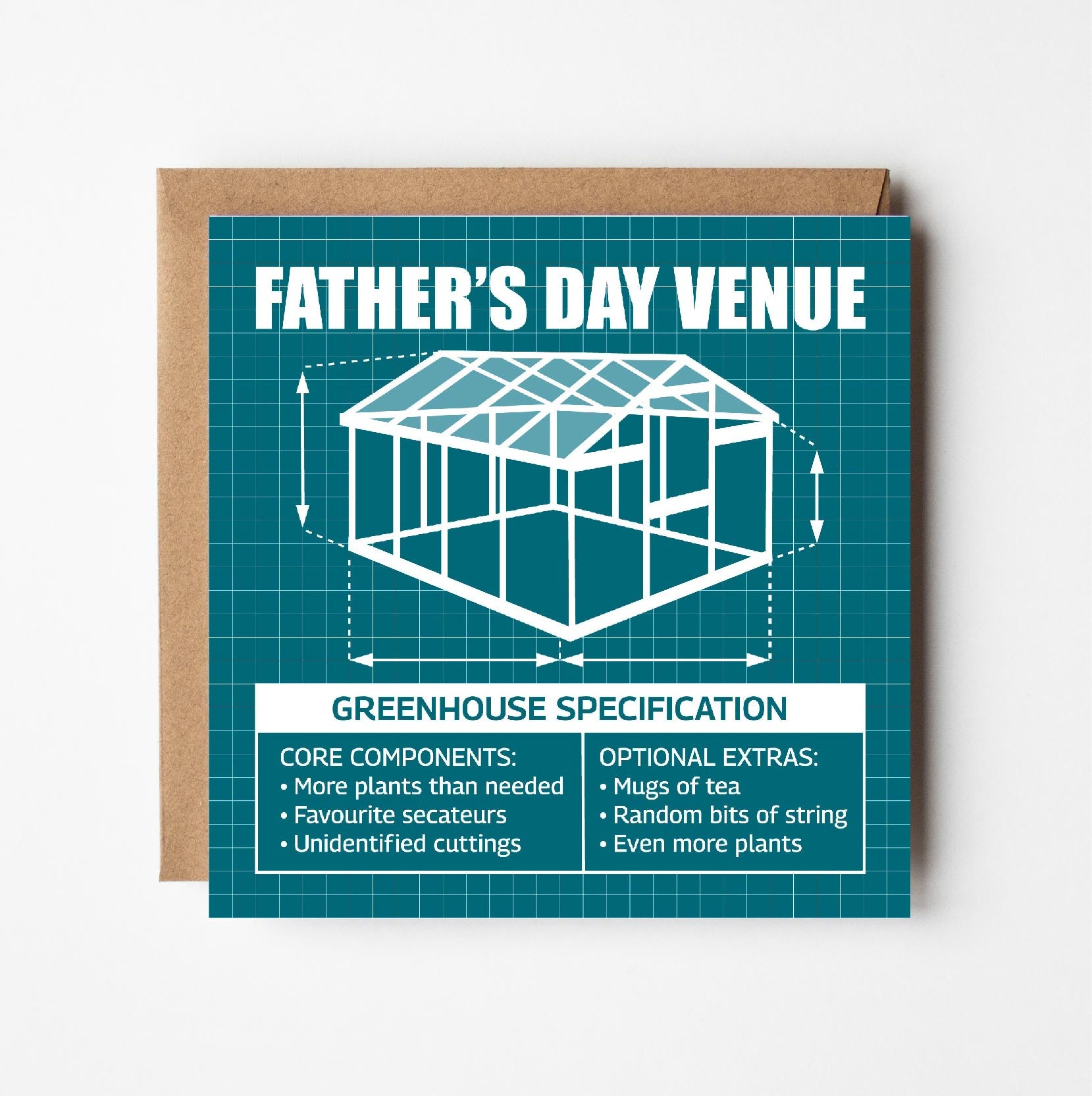 Father's Day card with greenhouse design and text in style of blueprint plans on a teal background