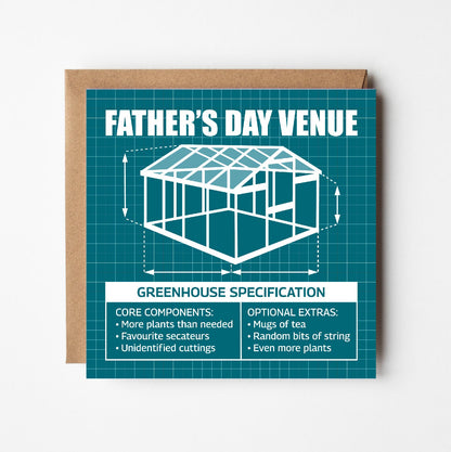 Father's Day card with greenhouse design and text in style of blueprint plans on a teal background