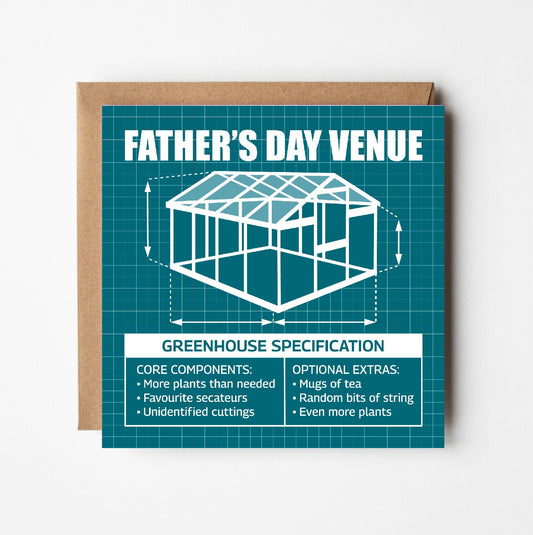 Father's Day card with greenhouse design and text in style of blueprint plans on a teal background
