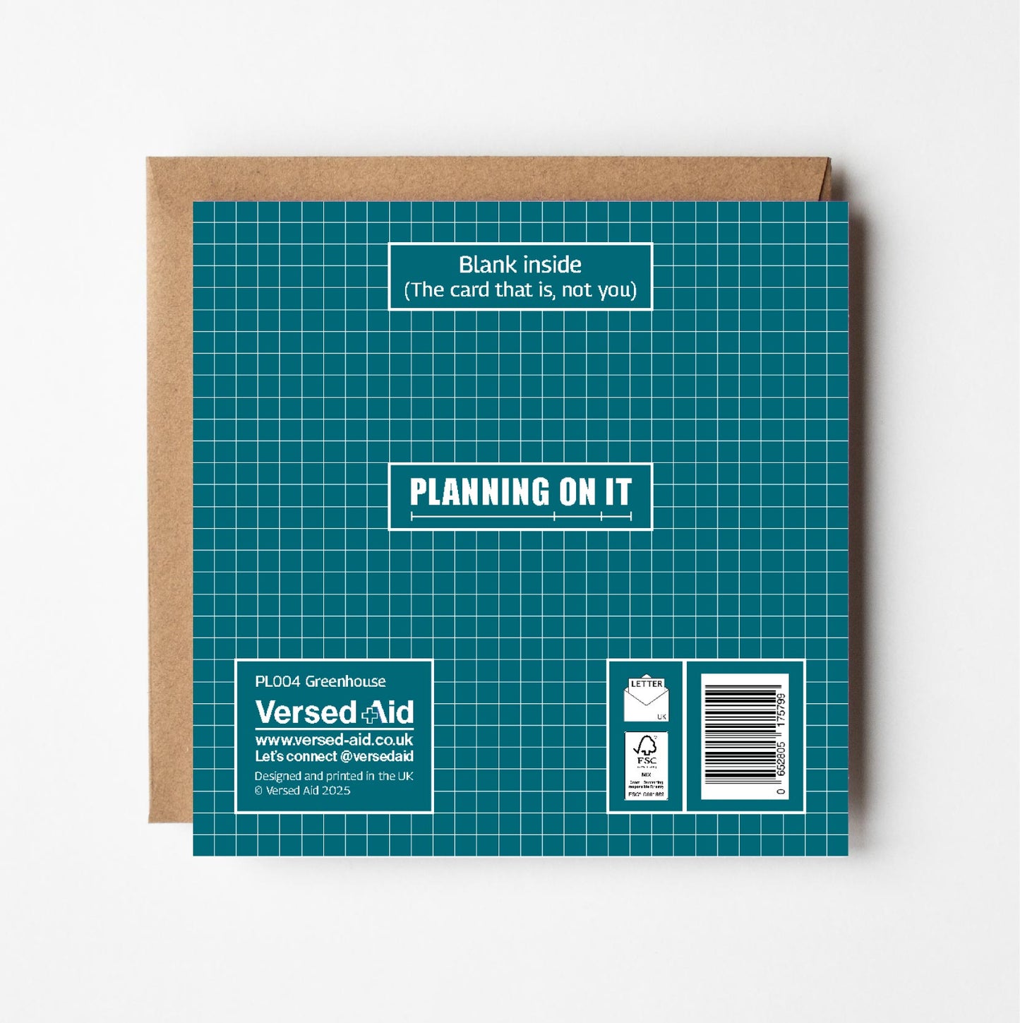 Reverse of a greeting card, grid patterned, with Versed Aid branding and product details