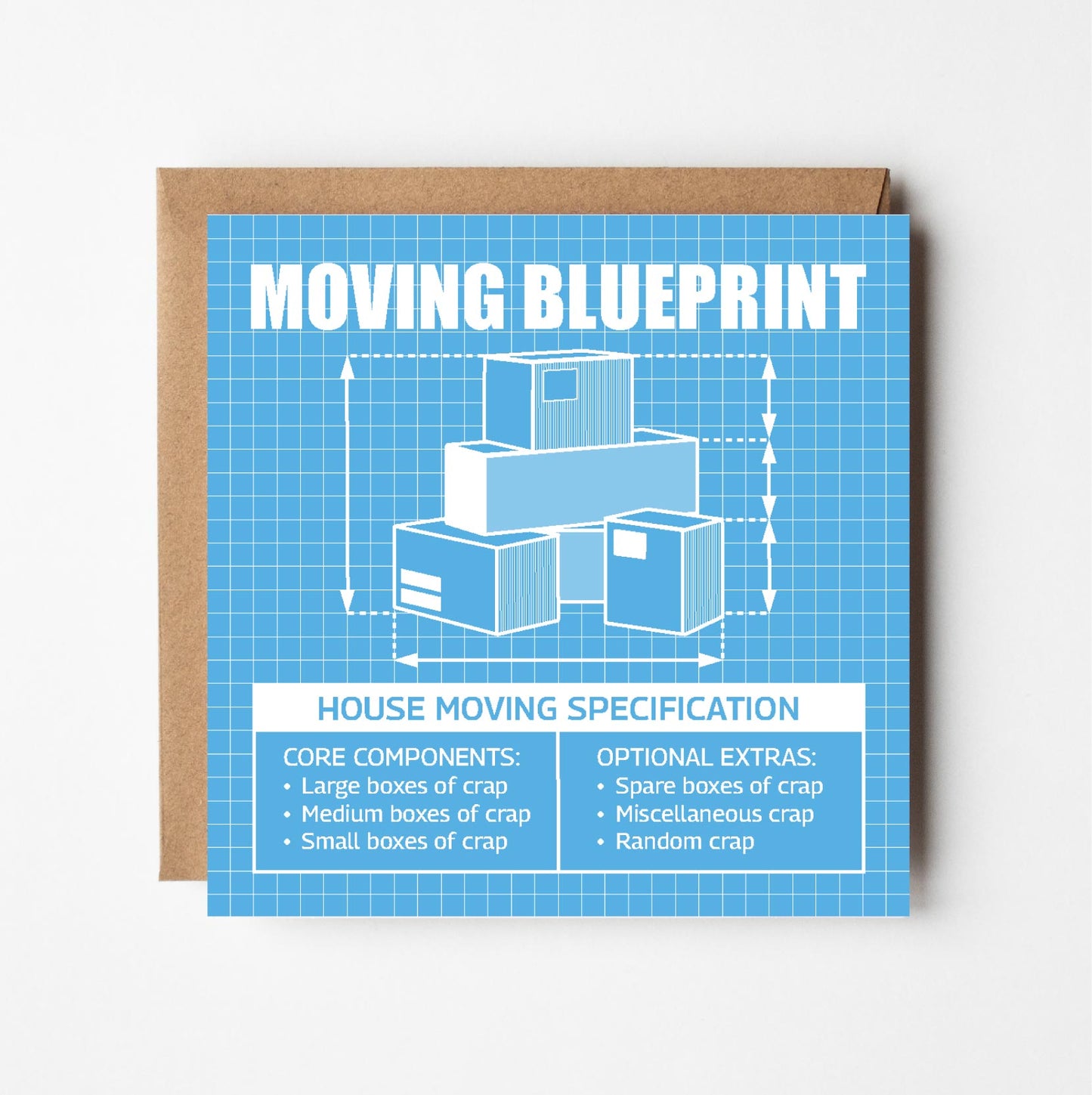 Funny new home greeting card featuring illustration of various boxes of 'crap' in style of blueprint technical drawing 