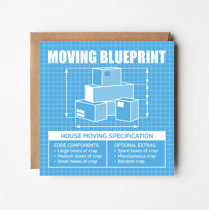 Funny new home greeting card featuring illustration of various boxes of 'crap' in style of blueprint technical drawing 