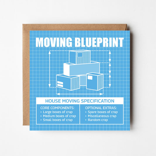 Funny new home greeting card featuring illustration of various boxes of 'crap' in style of blueprint technical drawing 