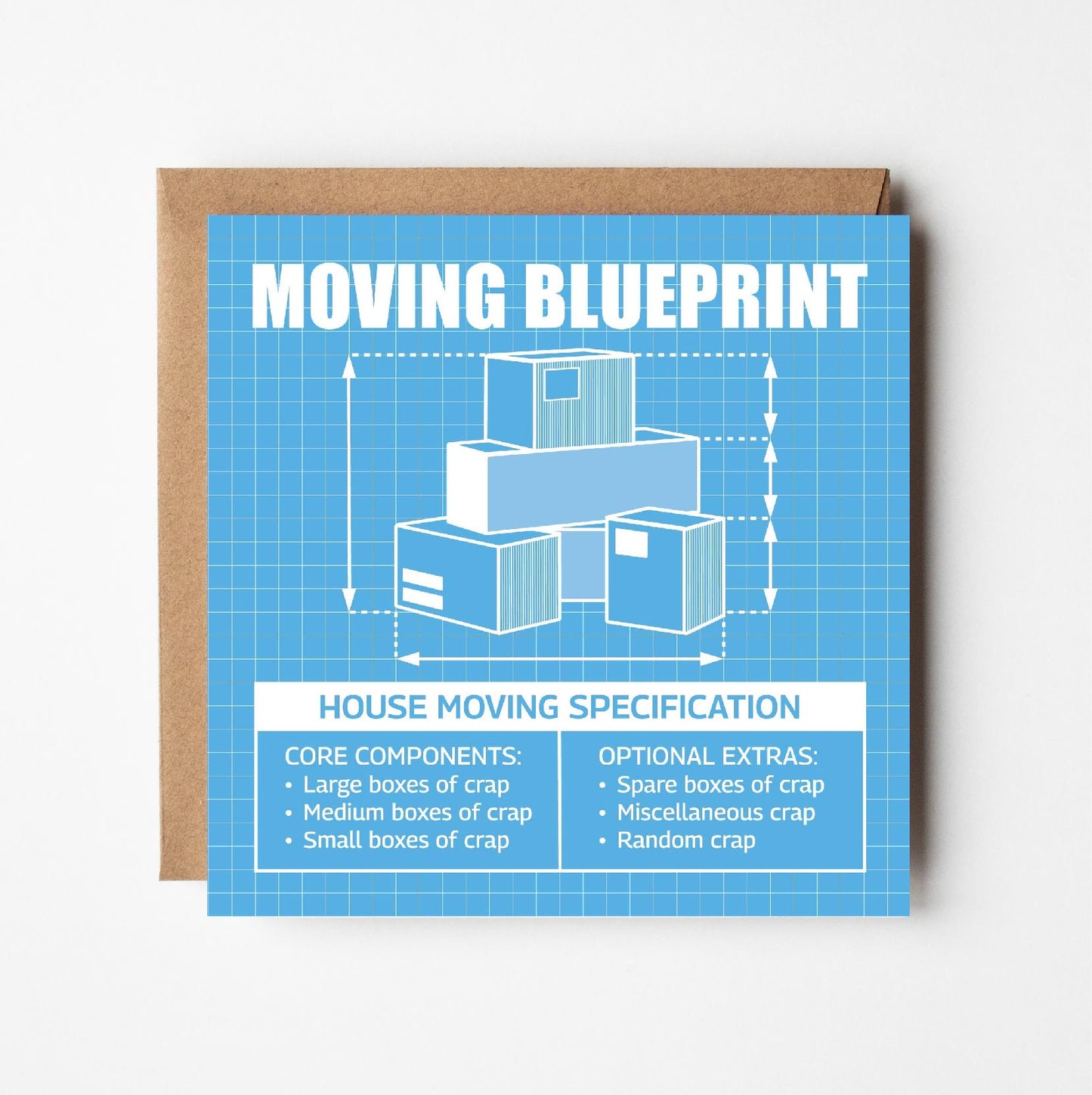 Funny new home greeting card featuring illustration of various boxes of 'crap' in style of blueprint technical drawing 