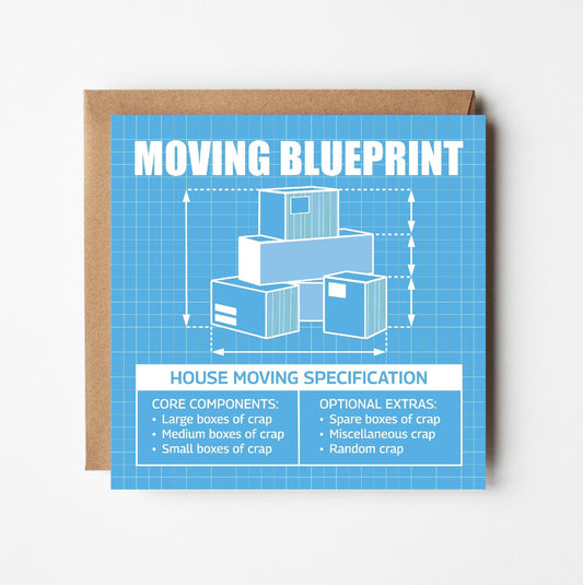 Funny new home greeting card featuring illustration of various boxes of 'crap' in style of blueprint technical drawing 