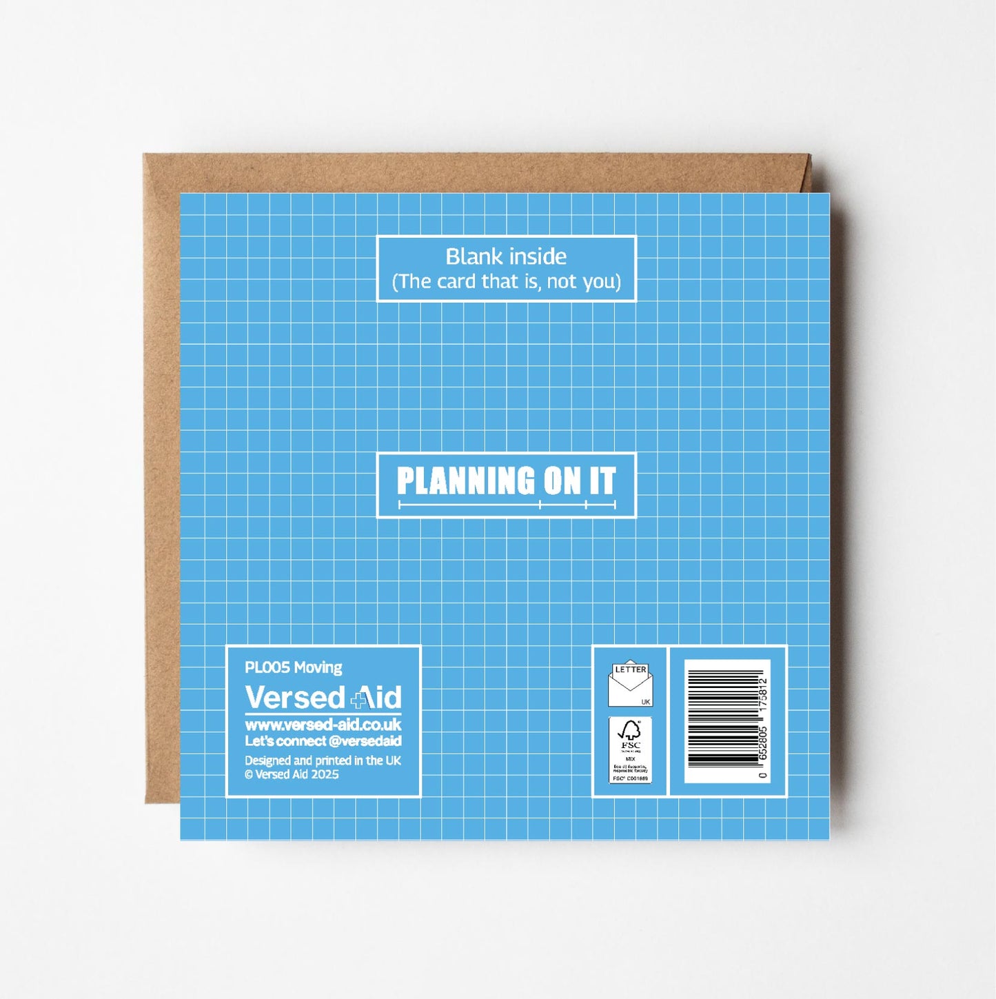 Reverse of moving house greeting card featuring Versed Aid branding and product details on blue grid-patterned background