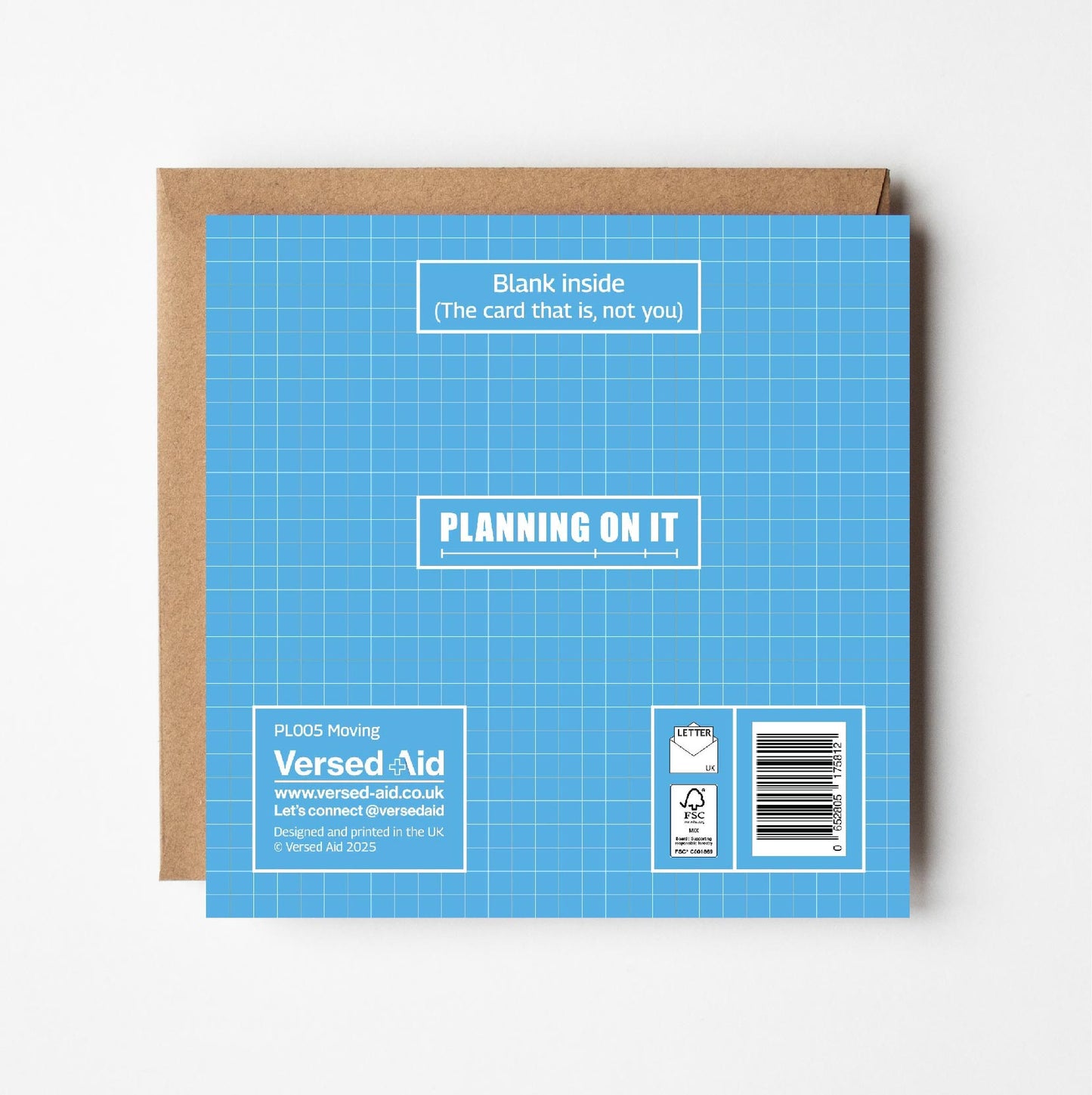 Reverse of moving house greeting card featuring Versed Aid branding and product details on blue grid-patterned background