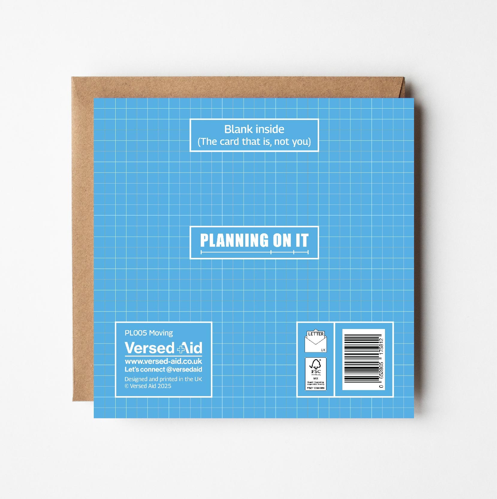 Reverse of moving house greeting card featuring Versed Aid branding and product details on blue grid-patterned background