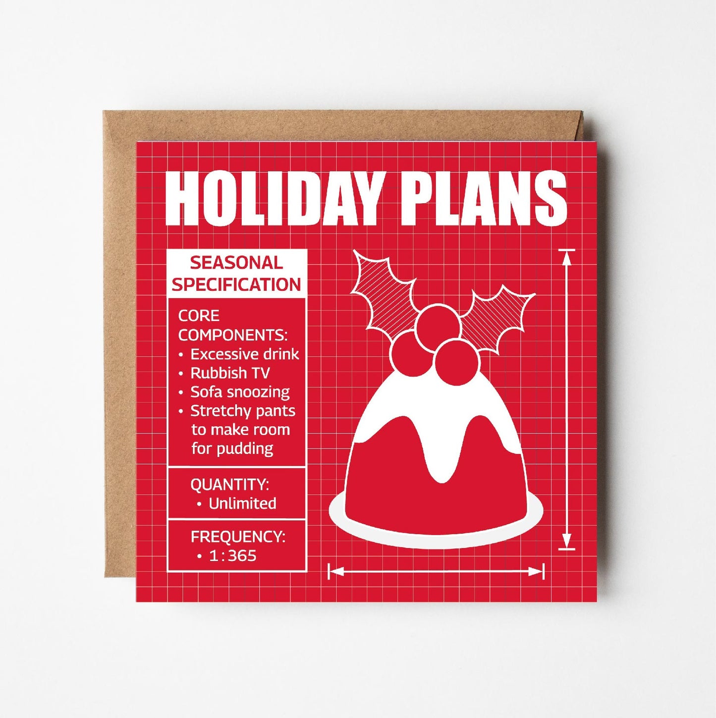 Greeting card with Christmas pudding illustration and text in style of blueprint plans on a red background.