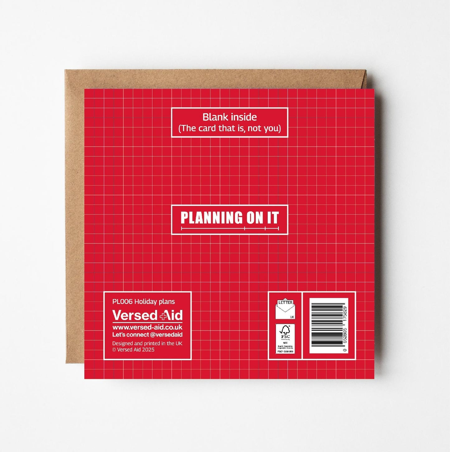 Reverse side of grid-patterned greeting card with Versed Aid branding and product details