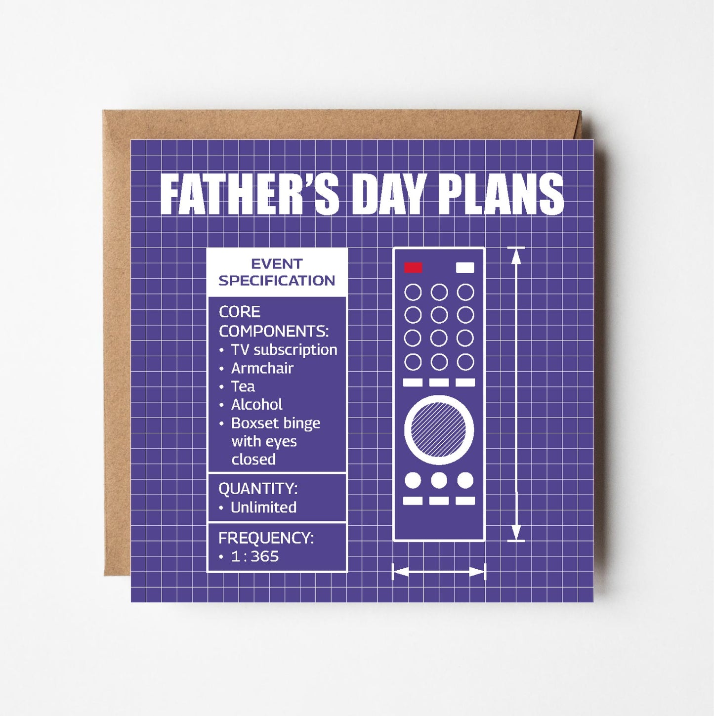 Funny blueprint Father's Day card shown with recycled Kraft envelope — witty remote control card for dad