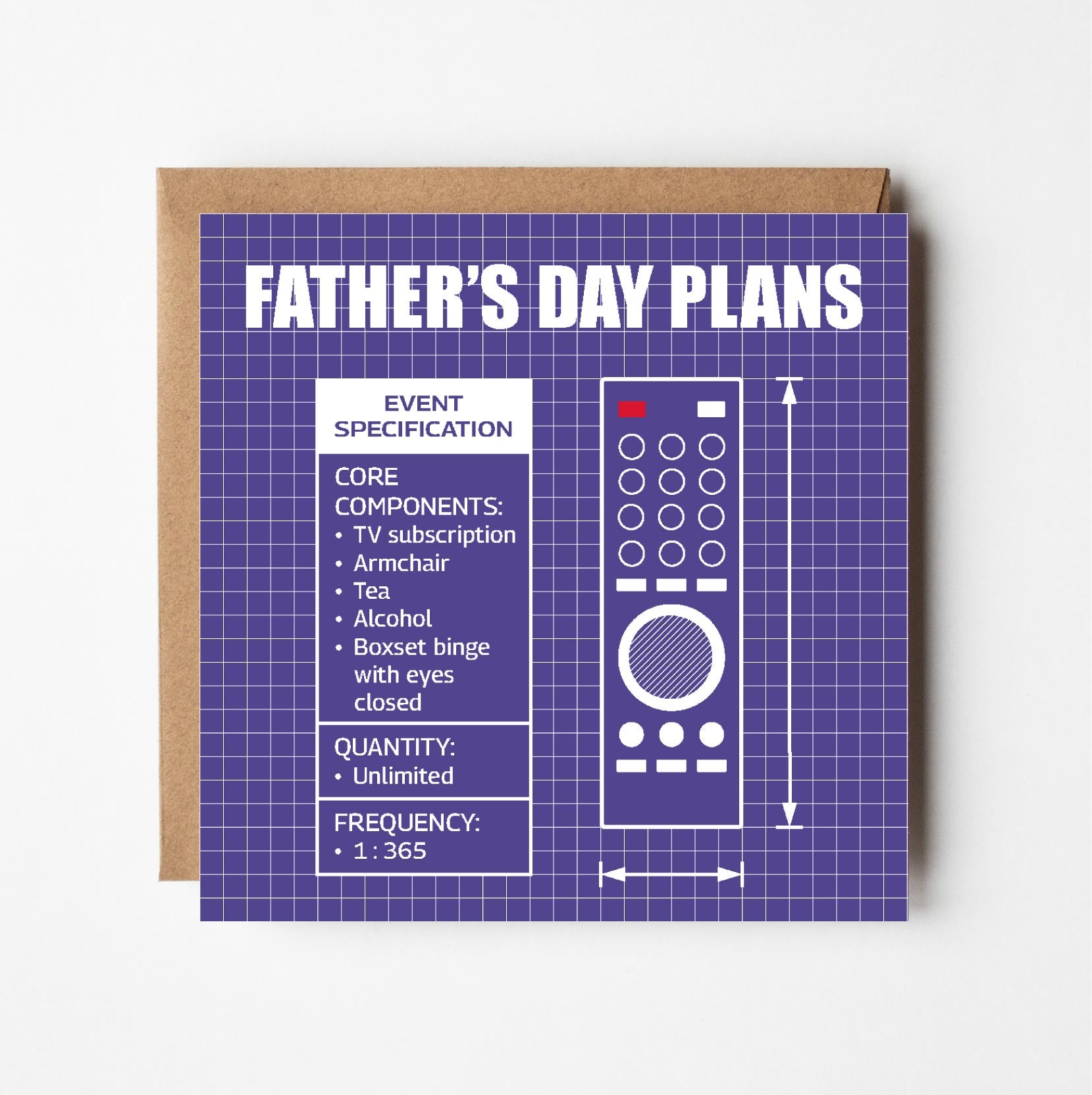 Funny blueprint Father's Day card shown with recycled Kraft envelope — witty remote control card for dad