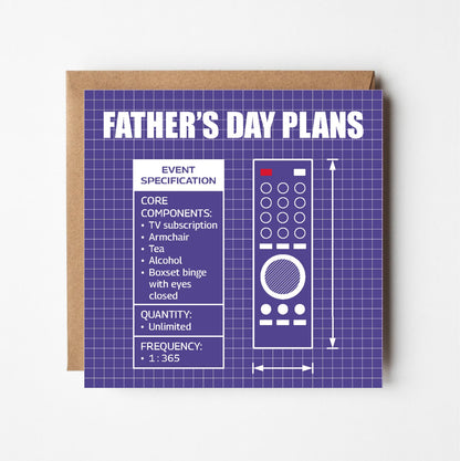 Funny blueprint Father's Day card shown with recycled Kraft envelope — witty remote control card for dad