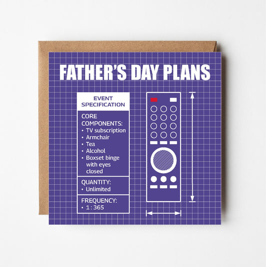 Father's Day card with remote control design and text in style of blueprint plans on a purple background
