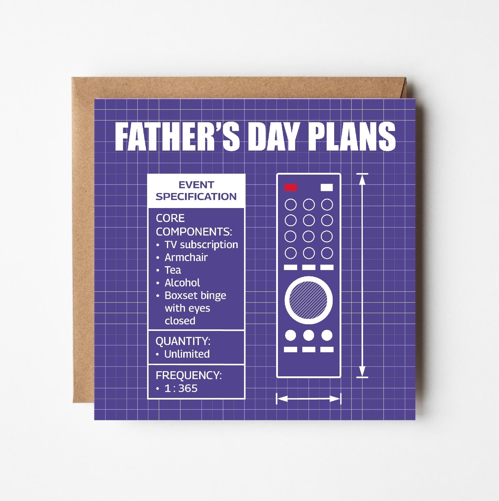 Father's Day card with remote control design and text in style of blueprint plans on a purple background