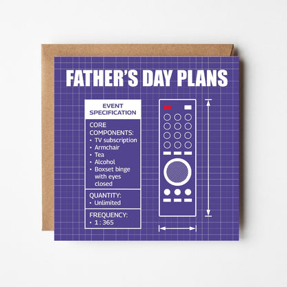 Father's Day card with remote control design and text in style of blueprint plans on a purple background