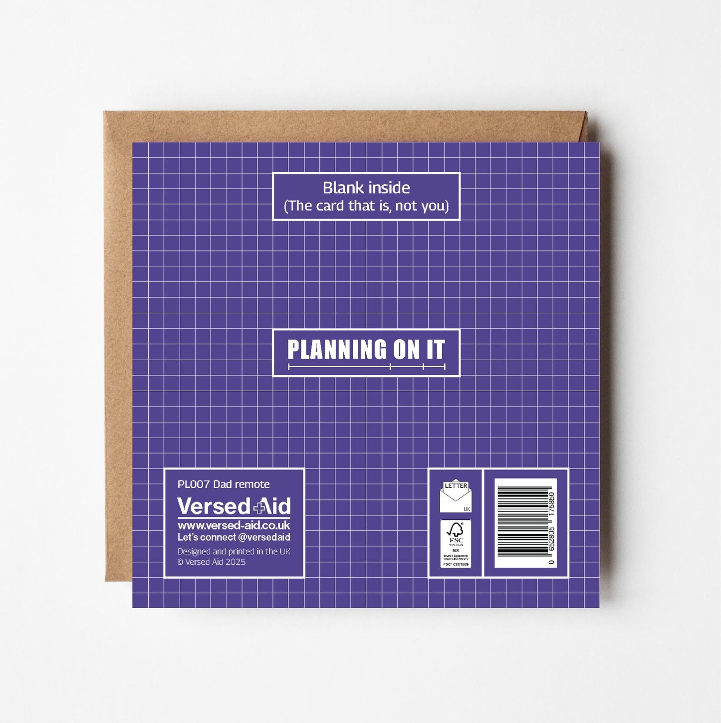 Back of Remote Control Father's Day card showing Versed Aid branding and Planning On It card range details
