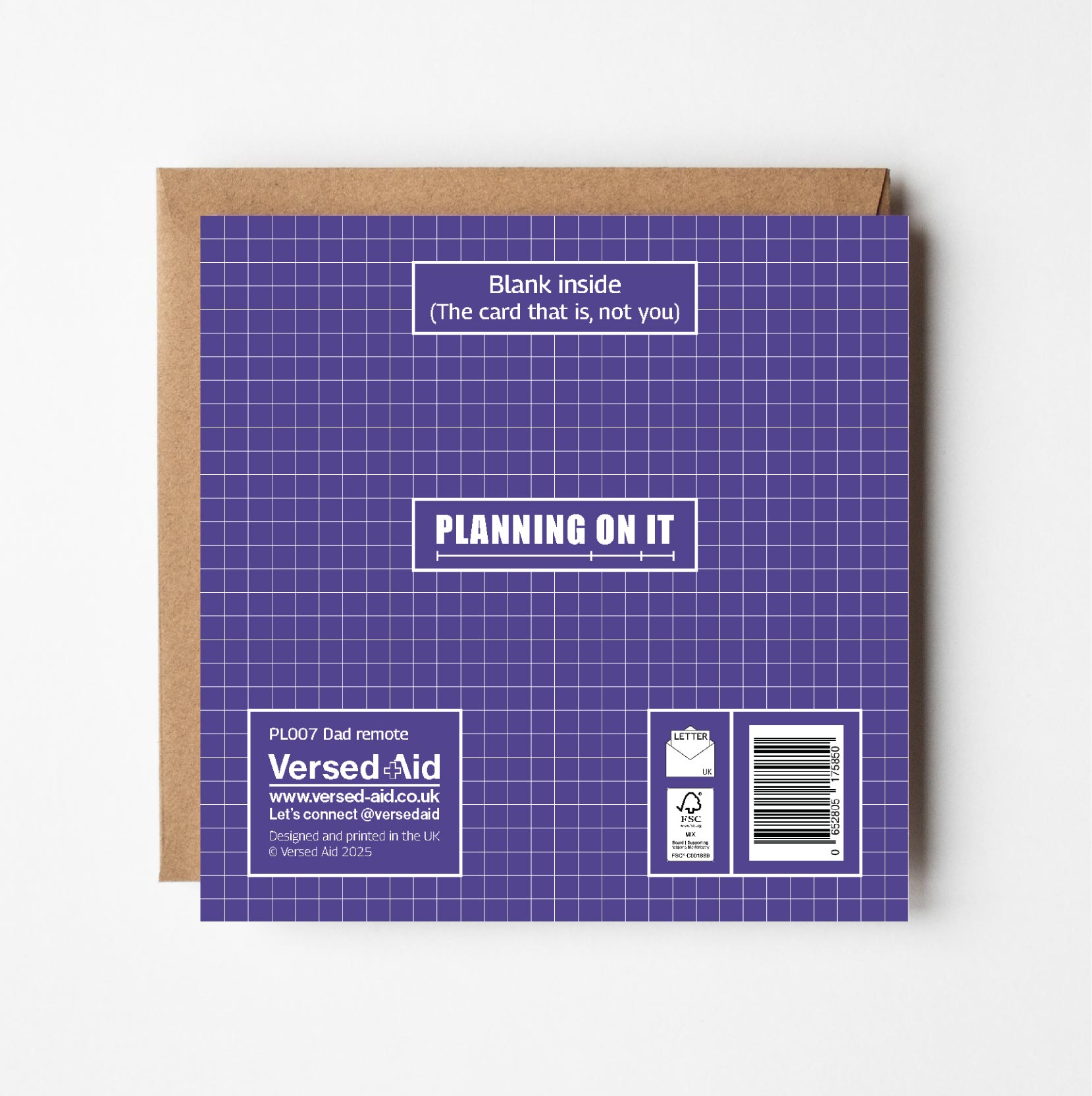 Back of Remote Control Father's Day card showing Versed Aid branding and Planning On It card range details