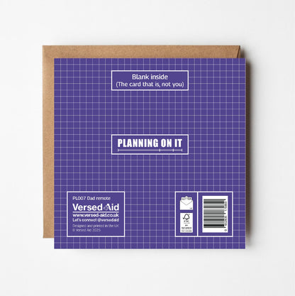 Back of Remote Control Father's Day card showing Versed Aid branding and Planning On It card range details